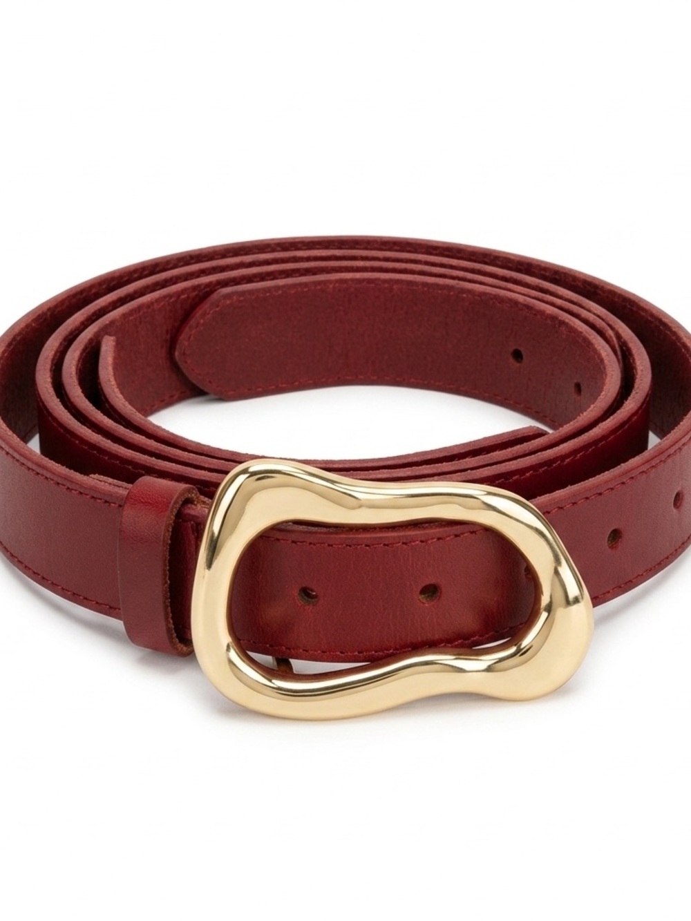 NEW: Anthropologie XS Women's Red Leather Belt with Chic Gold Sculpted Buckler